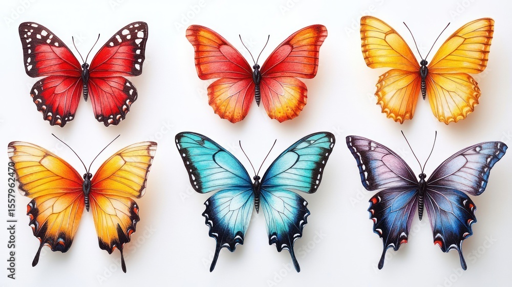 Six colorful butterflies with detailed wing patterns arranged in two rows on a white background showcasing vibrant shades of red, orange, yellow, blue, and purple Six colorful butterflies with detailed wing patterns arranged in two rows on a white background showcasing vibrant shades of red, orange, yellow, blue, and purple