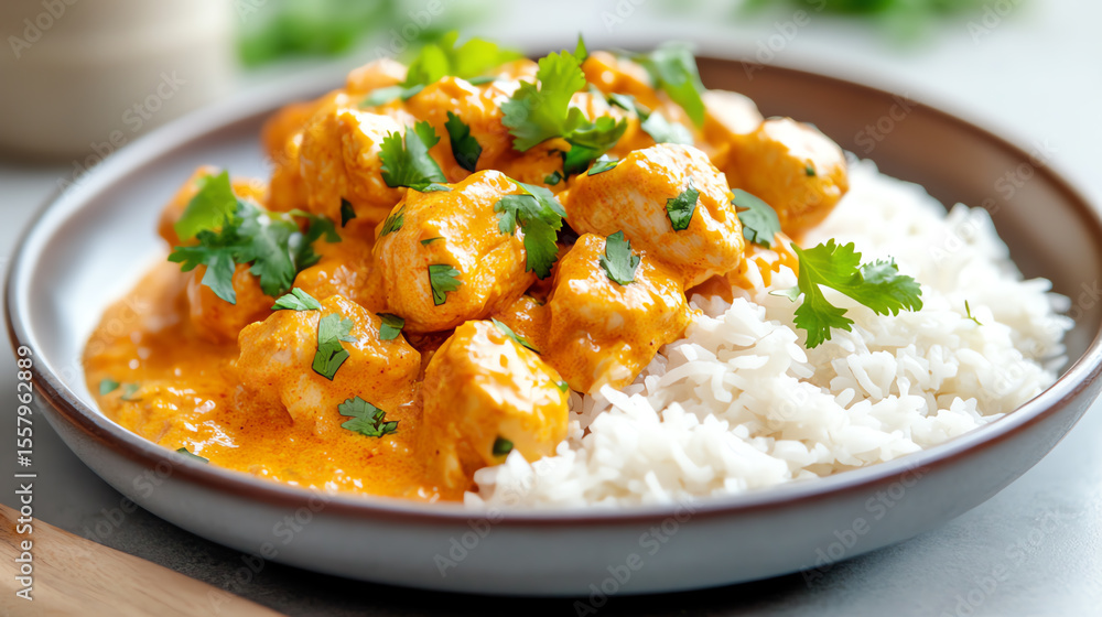 Delicious plate of creamy chicken curry served with fluffy white rice, garnished with fresh herbs for an appetizing presentation. Delicious plate of creamy chicken curry served with fluffy white rice, garnished with fresh herbs for an appetizing presentation.
