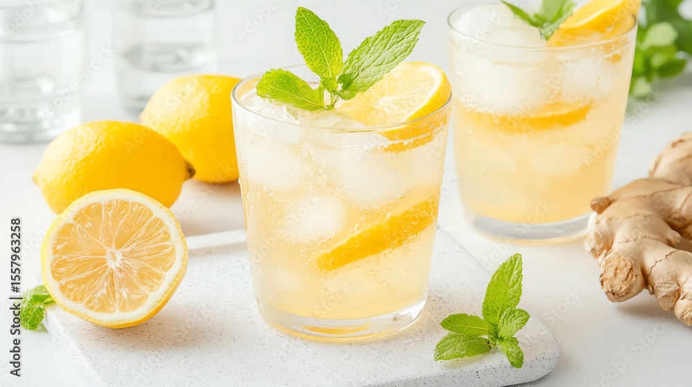 Refreshing lemonade with ginger, served in glasses. Perfect for summer days, showcasing vibrant colors and natural ingredients. Refreshing lemonade with ginger, served in glasses. Perfect for summer days, showcasing vibrant colors and natural ingredients.