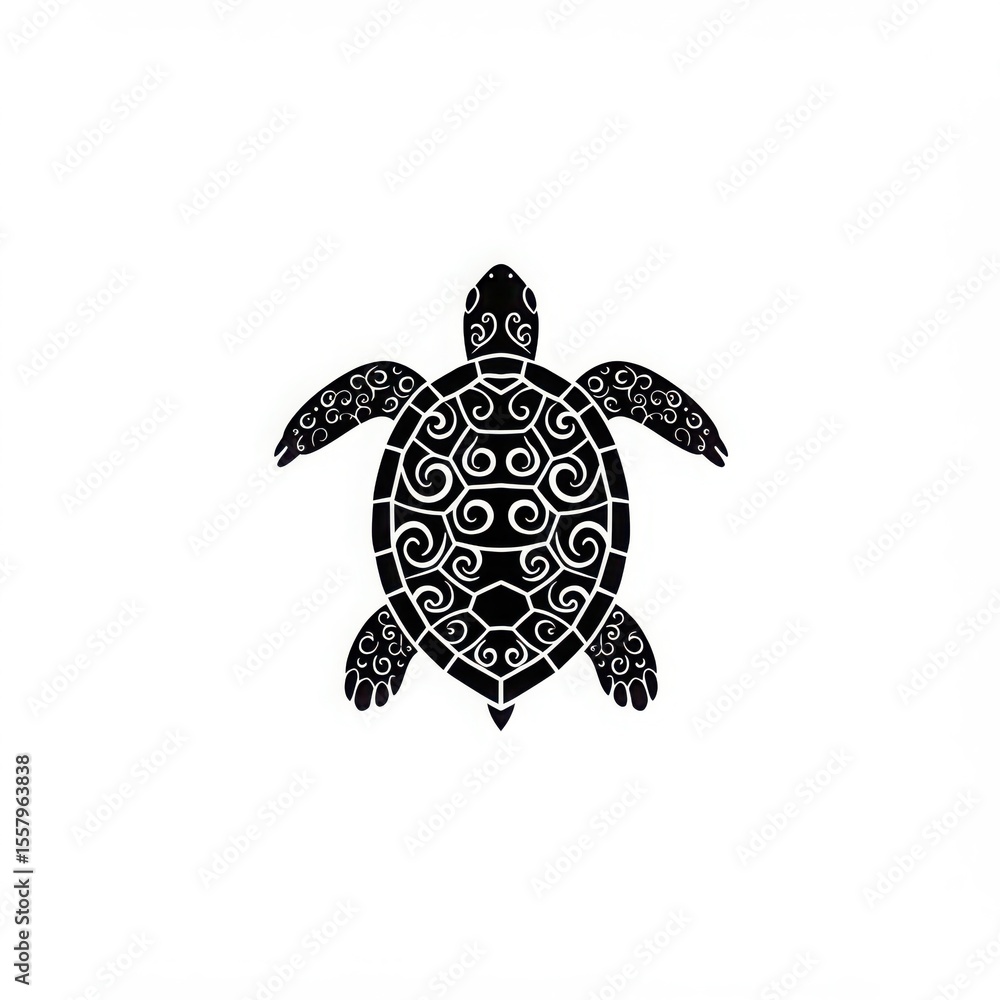 Fototapeta premium Black turtle silhouette with swirl pattern isolated on white background