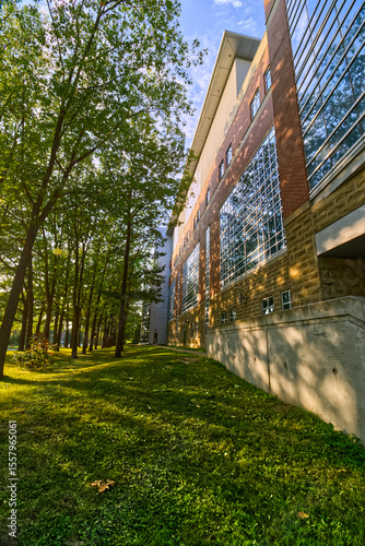10 Aug 2024 - University of Guelph, ON, Canada. Unique perspective of a university building at sundown.