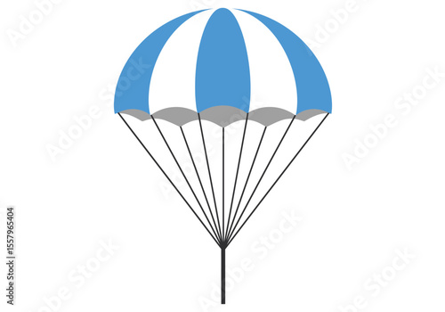 A blue and white parachute is depicted against a white background