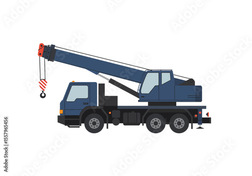 A blue crane truck is depicted featuring a boom hook and multiple axles rendered in a flat stylized illustration