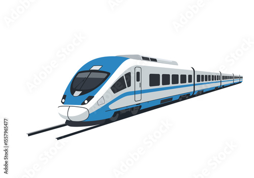 A blue  white highspeed train is seen on tracks angled from a front perspective