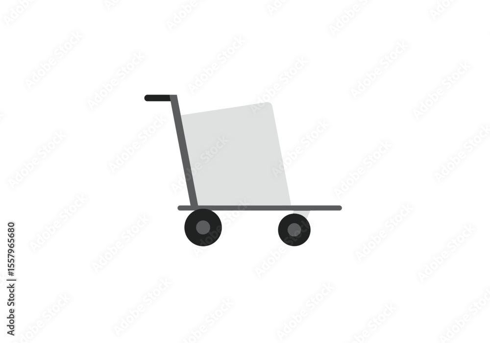 A gray shopping cart with a square container and two wheels is shown A gray shopping cart with a square container and two wheels is shown