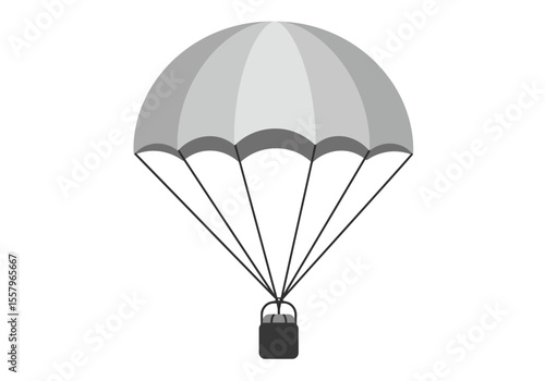 A graytoned parachute with black cords suspending a box or container beneath it against a white background