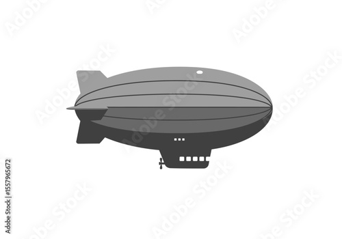 A gray zeppelin with a dark gondola and propeller against a white background