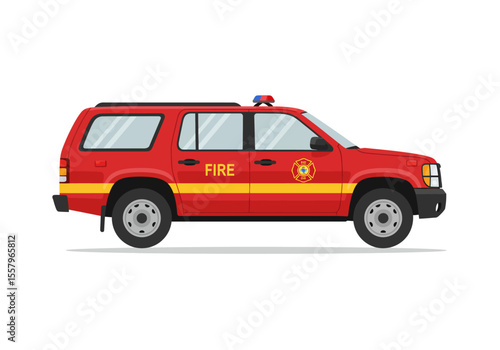 A red fire department SUV with a yellow stripe and the word FIRE on the side