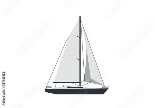 A sailboat stands tall with sails billowed against a white backdrop