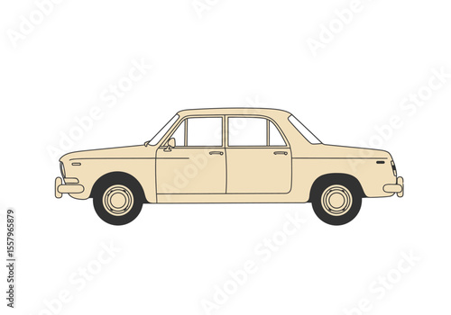 A sideview outline of a vintage tan sedan featuring a retro design visible tires and a distinct car body