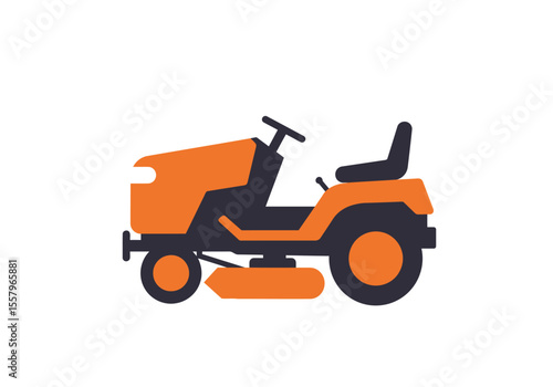 A simple flat illustration of a lawn tractor in orange and navy blue on a white background