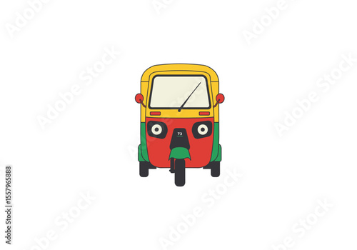 A simplified cartoonstyle auto rickshaw with yellow red and green panels and large expressive headlights