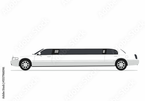 A white limousine is shown in profile featuring elongated body tinted windows and distinctive front grill