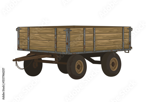 A wooden farm wagon with metal supports on wheels