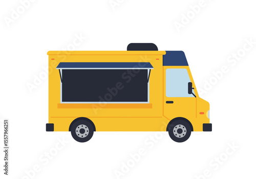 A yellow food truck with a dark blue awning wheels and roof details is shown on a white background