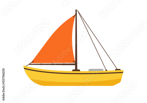 A yellow sailboat with an orange sail brown mast and rigging depicted against a white background