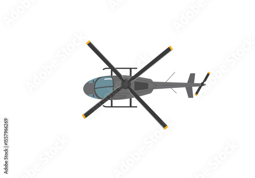 Aerial view of a gray helicopter with prominent rotor blades tail rotor and a rounded cockpit