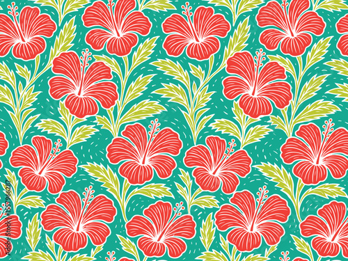 Woodcut Hibiscus Seamless Pattern, suitable for fashion design, decoration, fabric, wallpaper and printing on turquoise background
