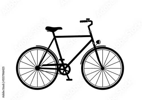 Black silhouette of a bicycle with two wheels a seat handlebars and pedals against a white background