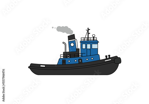 Blue tugboat with black hull emits gray smoke from its smokestack