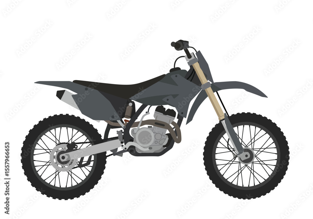Gray dirt bike on white angled profile knobby tires and thin spoked wheels Gray dirt bike on white angled profile knobby tires and thin spoked wheels