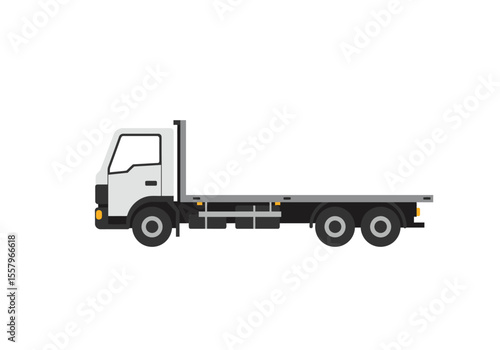 Flatbed truck white cabin gray bed on white background