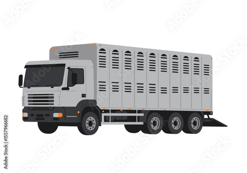 Gray livestock truck with ventilated trailer and three axles shown on a white background