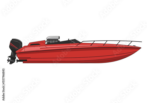 Red speedboat with an outboard motor side view white background