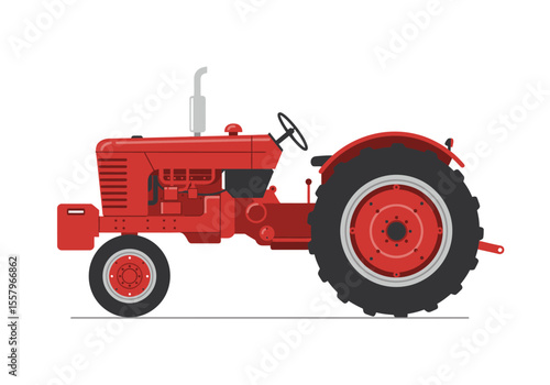 Red tractor with black wheels exhaust pipe and steering wheel on a white background