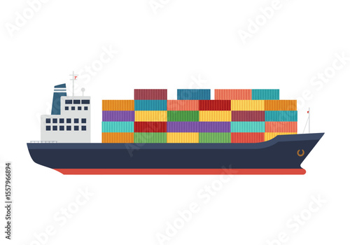 Side view of a cargo ship with colorful containers stacked on deck