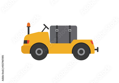 Yellow airport baggage carrier with a suitcase atop on a white background