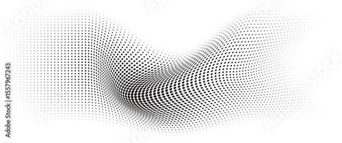 Flowing Wave Dot Halftone Pattern: Curve Gradient Shape on Transparent Background. Suitable for AI, Tech, Network, Digital, Science, and Technology Themes.