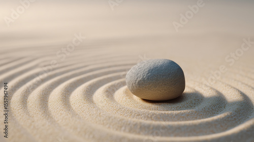 Single gray pebble on smooth sand with concentric raked lines in Japanese Zen garden style representing mental clarity and inner peace.