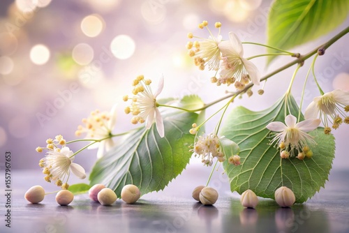 Delicate blossoms and seeds of a flowering plant branch on a reflective surface against a soft-focus background
