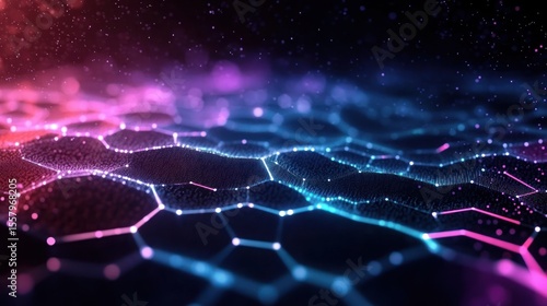 Abstract digital landscape with glowing hexagonal grid patterns in vibrant blue, purple, and pink hues creating a futuristic and dynamic atmosphere