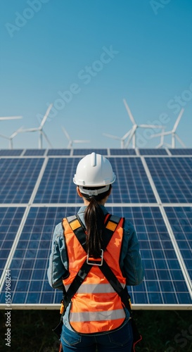 Female Engineer Overseeing Solar Panels with Wind Turbines in Background on a Clear Day