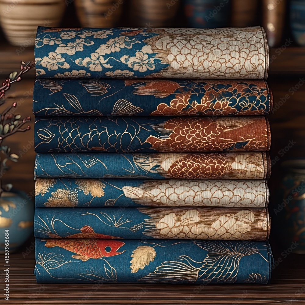 Stack of intricately patterned fabric rolls with floral and fish designs in shades of blue, gold, and brown on a wooden surface with blurred pottery background Stack of intricately patterned fabric rolls with floral and fish designs in shades of blue, gold, and brown on a wooden surface with blurred pottery background