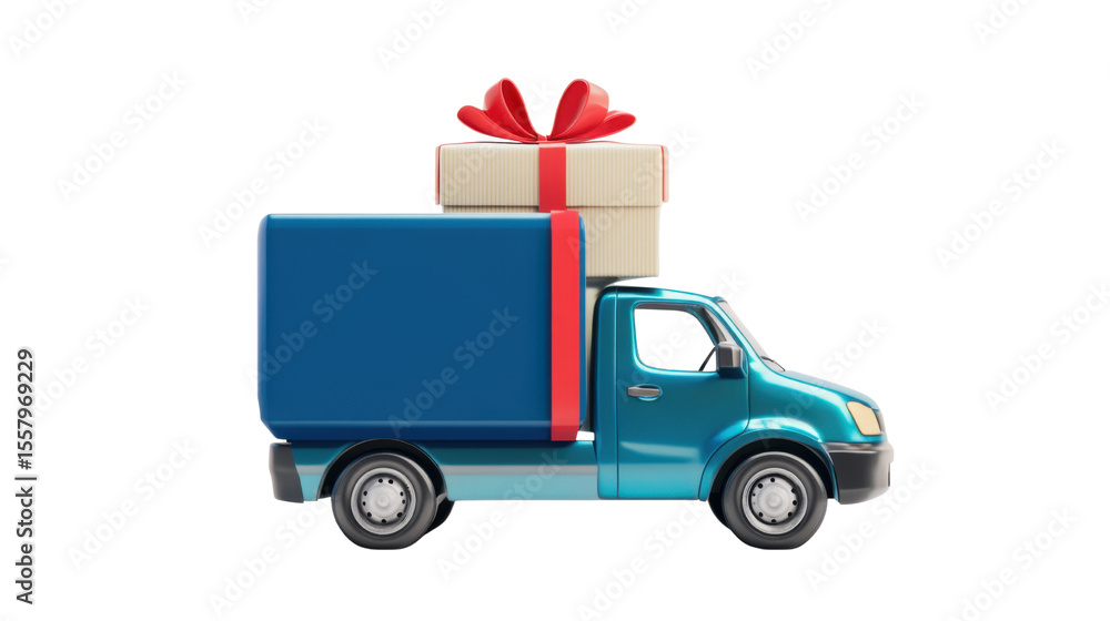 Delivery truck with Gift Box present surprises on white background Delivery truck with Gift Box present surprises on white background