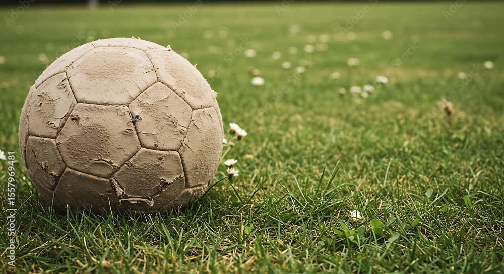 Fototapeta premium Dirty soccer ball on grass