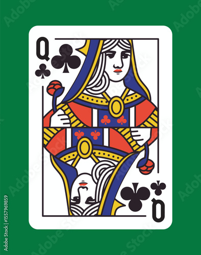 Queen of Clubs face card design. Vector illustration