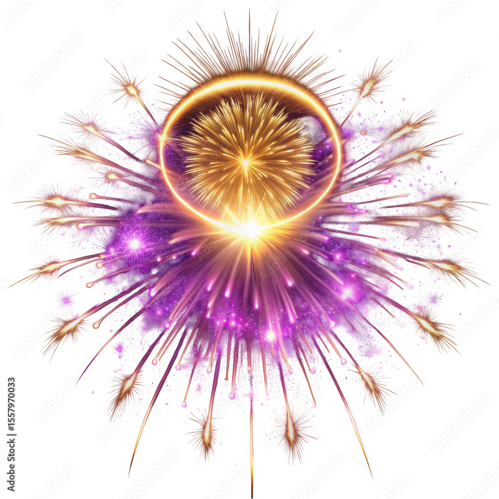 Fototapeta premium A dazzling display of purple and gold fireworks, bursting vividly in the night sky, creating an enchanting atmosphere of celebration and wonder.