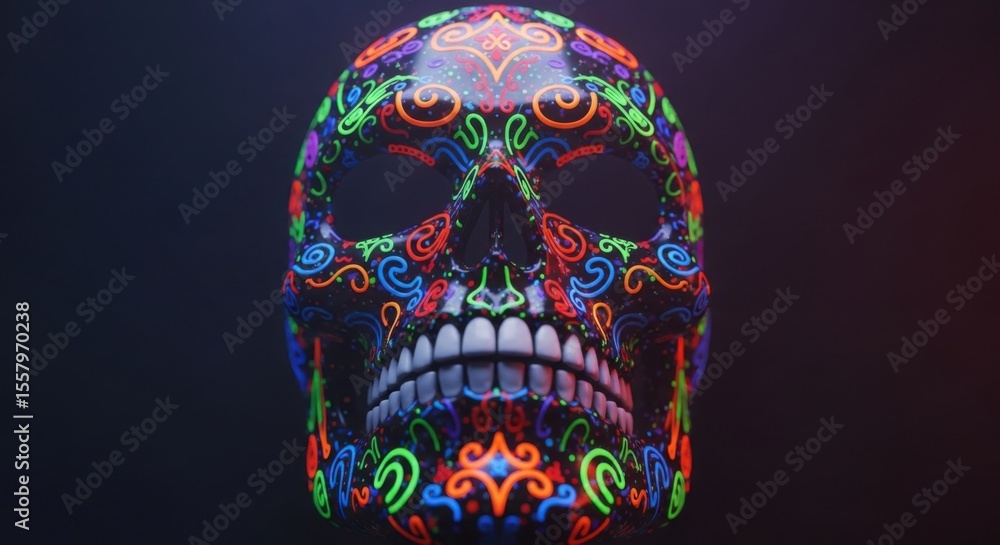 Naklejka premium Artistic Glowing Skull Design with Intricate Patterns and Vibrant Colors