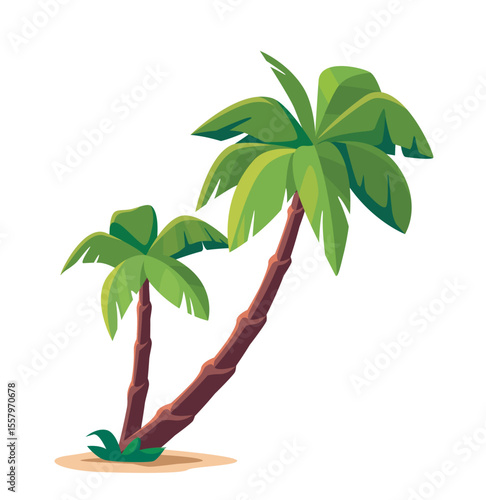 Two cartoon palm trees on sand island. Vector illustration