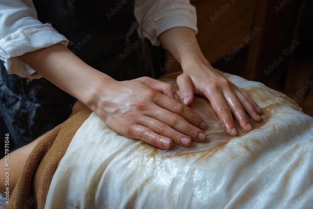 Close-up of hands applying oil massage on a person's back covered with a towel in a calm indoor setting Close-up of hands applying oil massage on a person's back covered with a towel in a calm indoor setting
