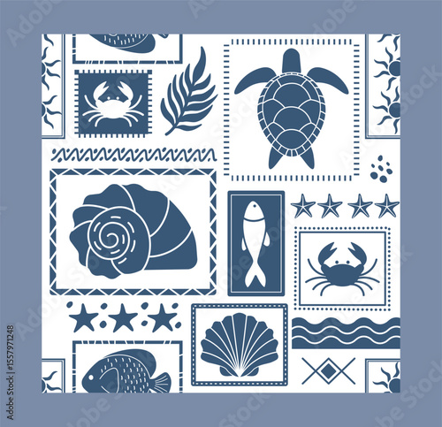 Nautical marine icons in patchwork style. Vector illustration