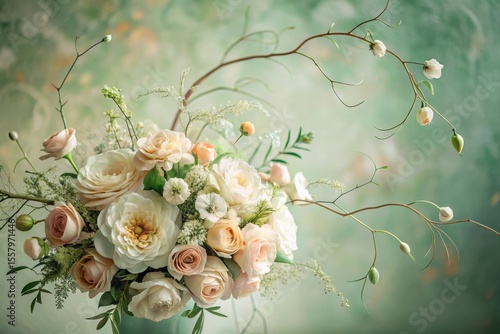 Elegant pastel roses and delicate blossoms arranged in a sophisticated bouquet with intertwined branches against a soft green backdrop