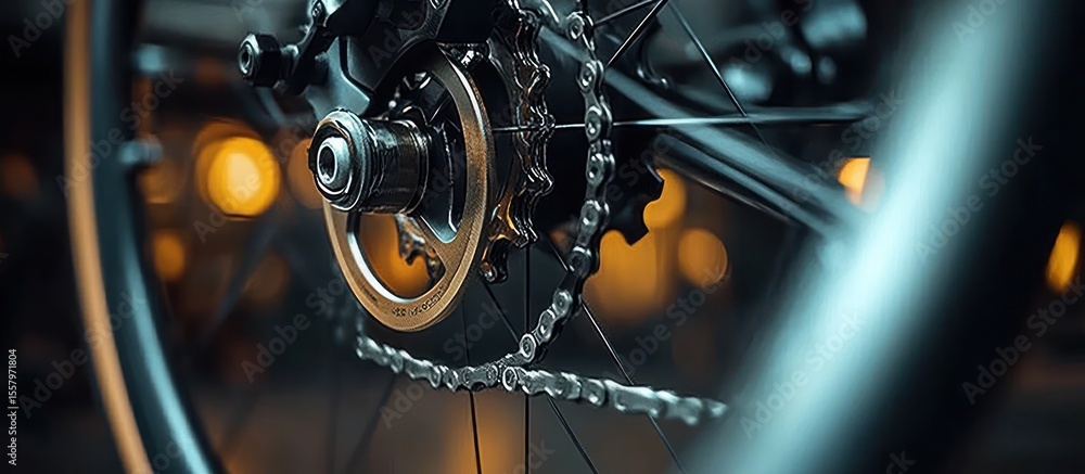 Fototapeta premium Close-up view of a bicycle gear and chain with illuminated blurred background creating a warm and dynamic atmosphere