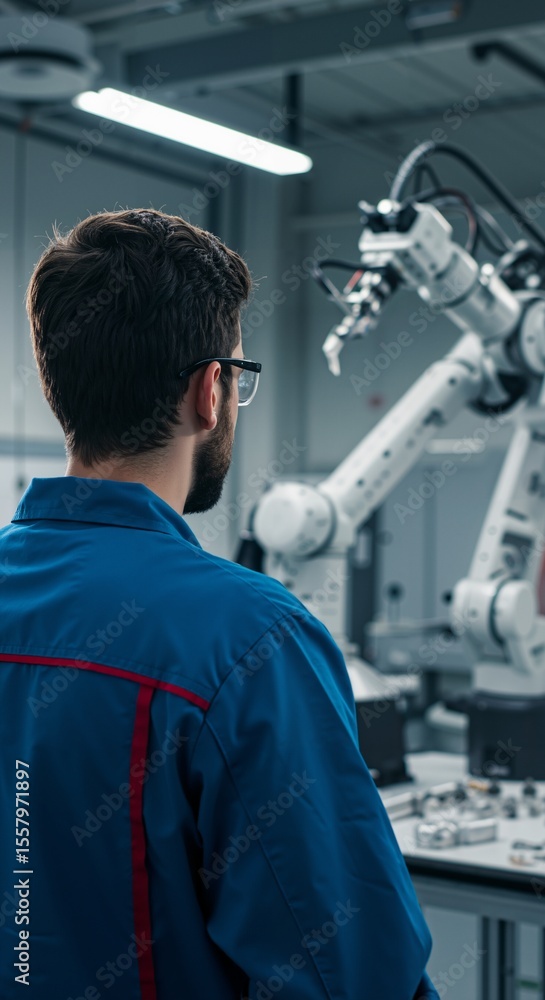 Male Engineer Observing Industrial Robotic Arm in Futuristic Manufacturing Facility Male Engineer Observing Industrial Robotic Arm in Futuristic Manufacturing Facility