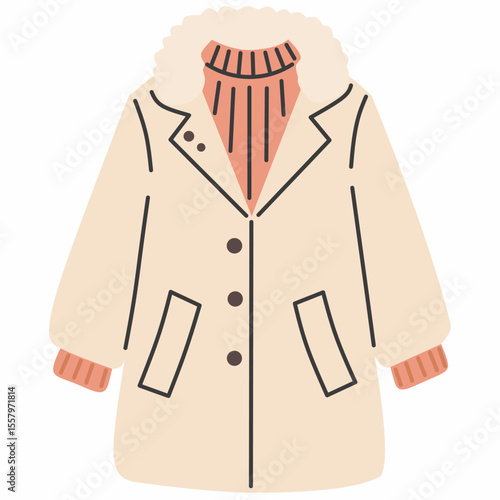 Long beige coat with furry collar, cozy outerwear for winter days in flat hand-drawn style.
