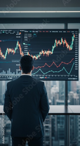 Businessman Analyzing Stock Market Trends in Modern Office with Digital Dashboard